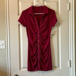 NWT SO Short Sleeve Shirred Polo Mini Dress Mesa Red